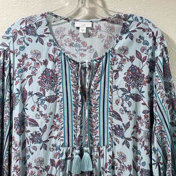 J. JILL Boho Floral Peasant Blouse 3/4 Sleeve Tassel Tie V-Neck, Aqua/Pink - XL - Picture 5 of 11